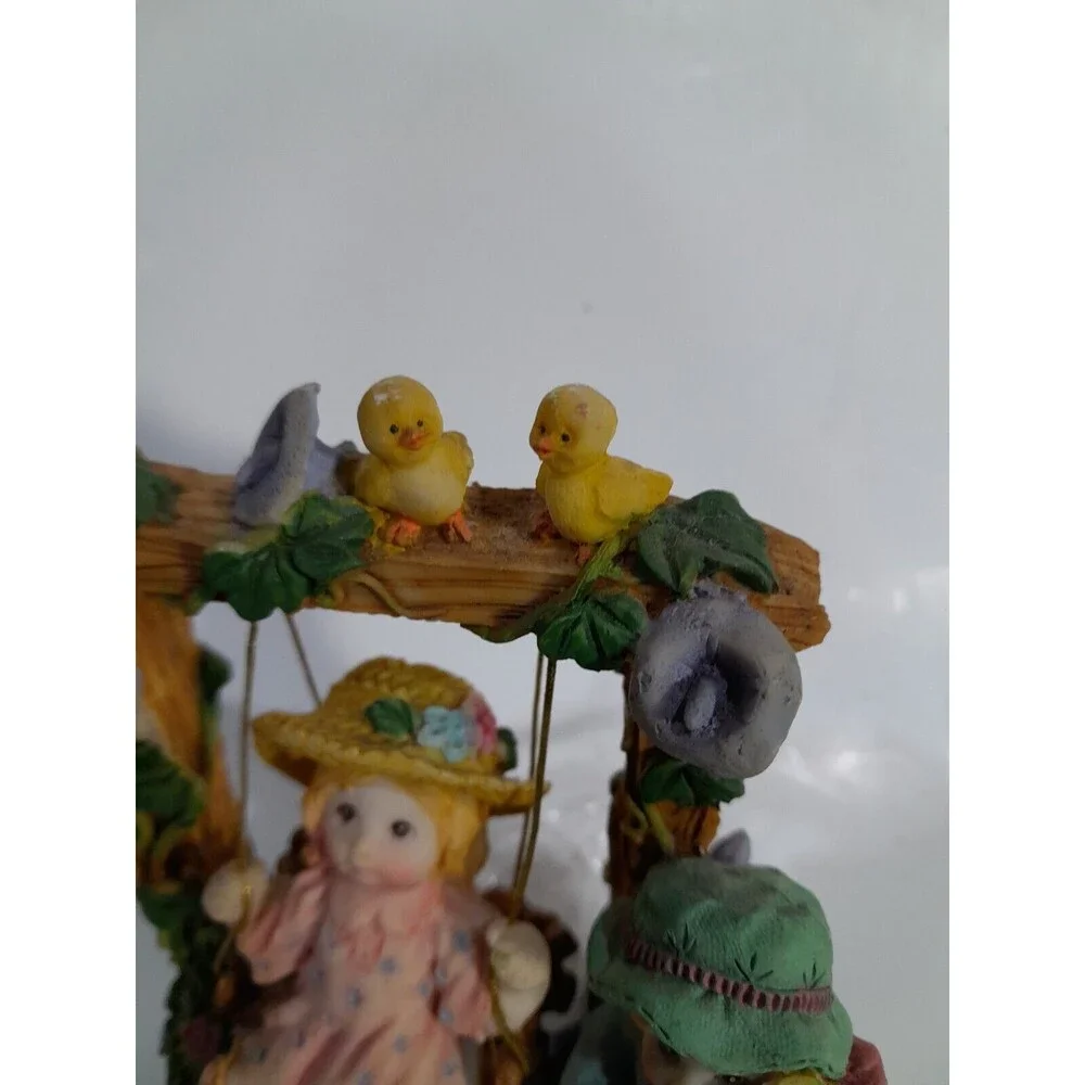 Ceramic Vintage Girl On Swing / Boy With Flowers In Nature, Figurine